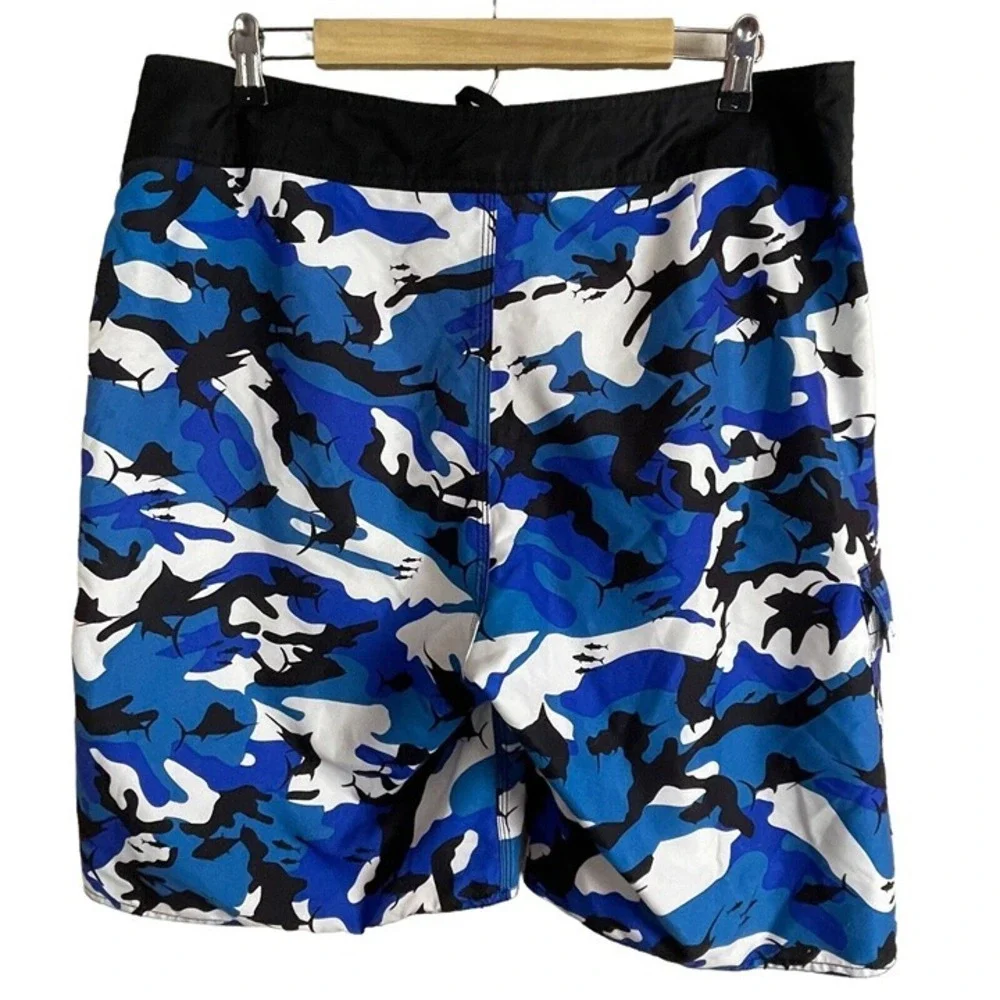 Pelagic Fish Camo Board Shorts Mens 36 Blue Black White Fishing Cargo Angler